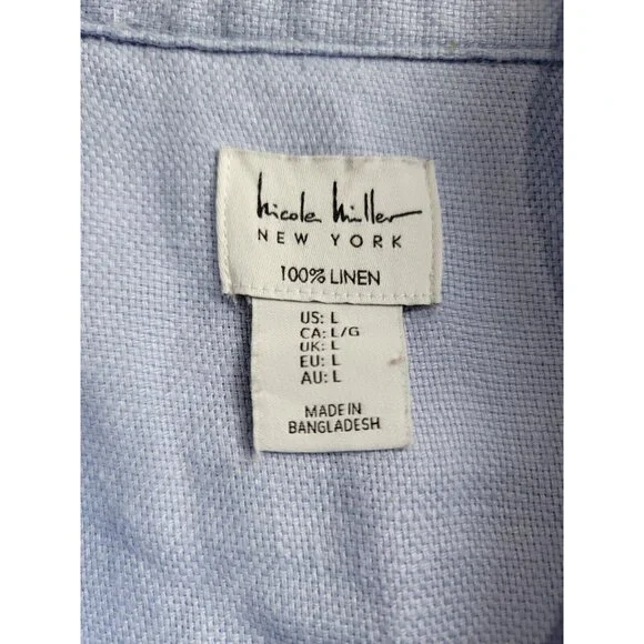 Nicole Miller Womens Button Up Linen Cropped Shirt Jacket Large Blue Long Sleeve - Picture 3 of 7